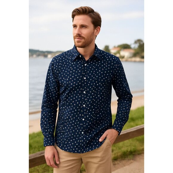 Julian & Mark Men's Minimalist Smart Casual Navy Blue Shirt White Dot Pattern XL - Picture 1 of 7